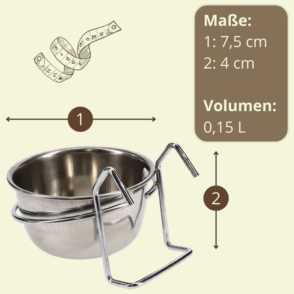 Edelstahlnapf mit Halterung, Maße: 7,5 cm breit, 4 cm hoch, Volumen: 0,15 Liter