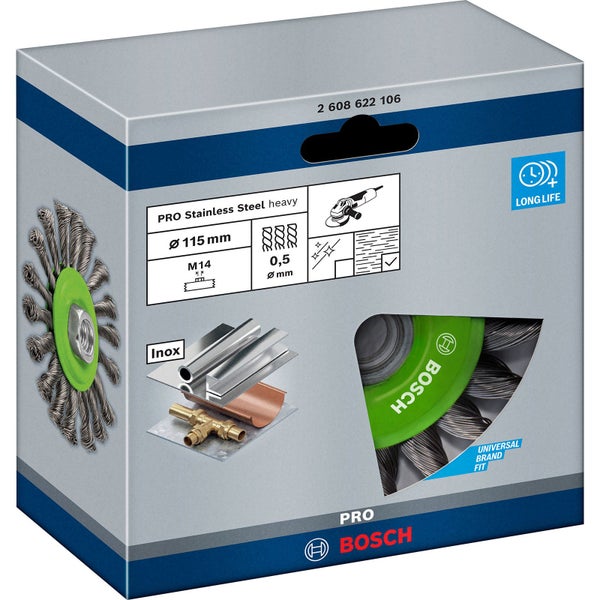 Drahtbürste von Bosch im Karton, Durchmesser 115 Millimeter, geeignet für Edelstahl