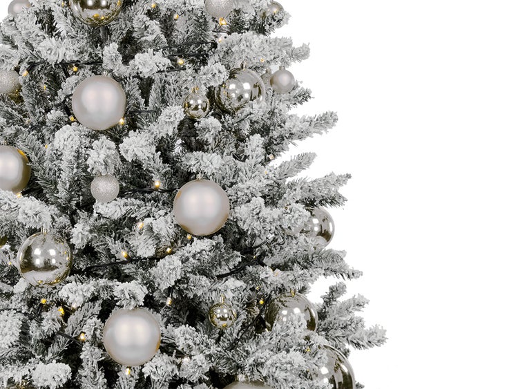 Geschmückter künstlicher Weihnachtsbaum mit 85 Ornamenten SILVER CHRISTMAS 270 cm Baum mit Ständer und Weihnachtsornamenten