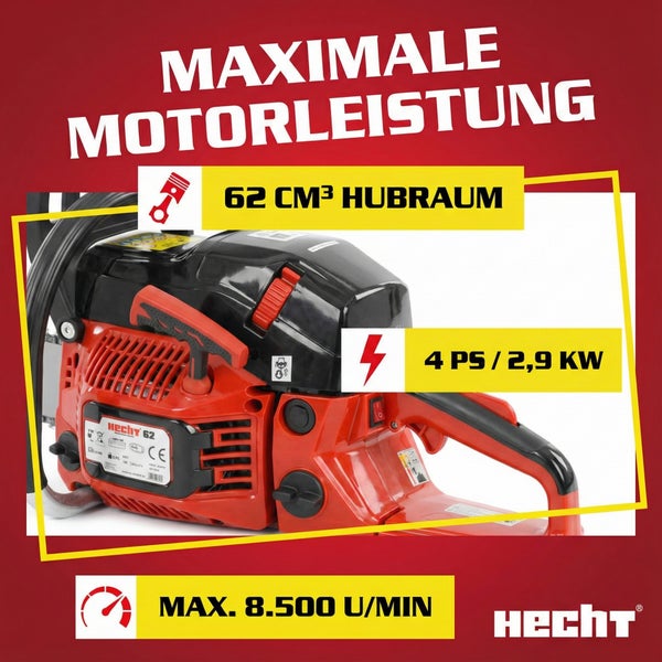 Hecht Motorsäge mit 62 Kubikzentimeter Hubraum, 4 PS und maximal 8500 Umdrehungen pro Minute