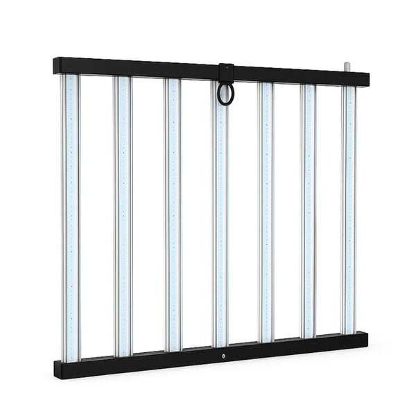 LED-Pflanzenlampe mit sieben vertikalen Leuchtstäben und schwarzem Gehäuse.