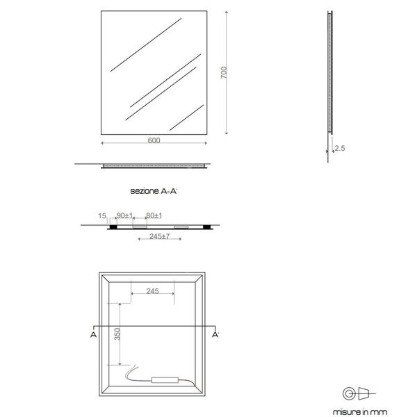 Spiegel Badezimmermöbel Reversibel 70x60 mit LED-Beleuchtung