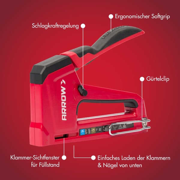 Roter Arrow Handtacker mit Schlagkraftregelung, ergonomischem Softgrip, Gürtelclip, Klammer-Sichtfenster und Unterlademechanik.