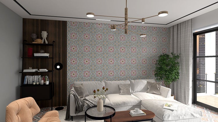 Wohnzimmer mit Sofa, Bücherregal und gemusterter Tapete