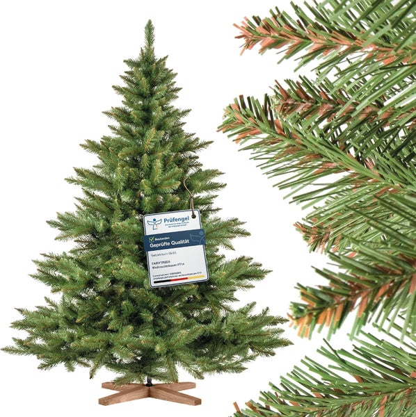 Künstlicher Weihnachtsbaum von Fairytrees mit Holzständer und Prüfsiegel für geprüfte Qualität