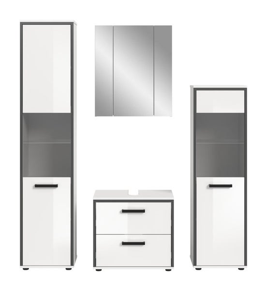 Badezimmermöbel-Set in Weiß und Grau, bestehend aus Hochschrank, Spiegelschrank, Waschtischunterschrank und Midischrank mit schwarzen Griffen.