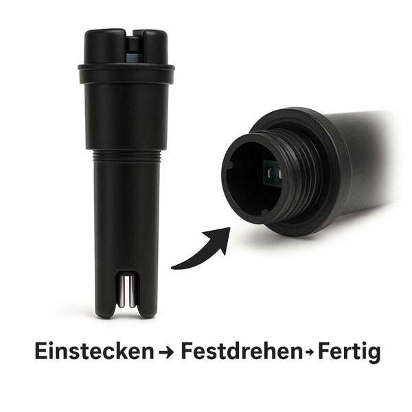 Abbildung eines pH-Elektroden-Produkts, das die Schritte Einstecken, Festdrehen und Fertig zur Verwendung zeigt.