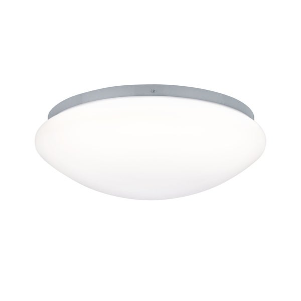 Runde LED Deckenleuchte mit weißer Kunststoffabdeckung und silbernem Metallrand.