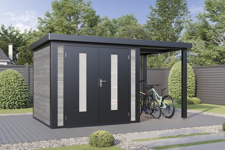 Modernes Gartenhaus mit Flachdach und integriertem Unterstand für Fahrräder auf einer Terrasse im Garten.