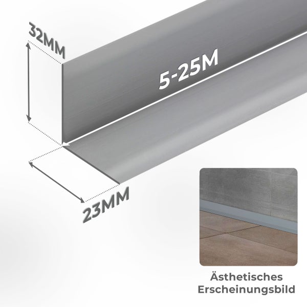 Winkelprofil für Wand und Boden mit Maßen 32 Millimeter mal 23 Millimeter und Anwendungsbeispiel zur ästhetischen Gestaltung