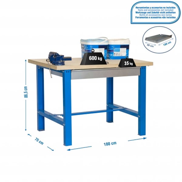 PROREGAL Werkbank Buffalo Wood mit Schublade HxBxT 87 x 180 x 75 cm Traglast 600 kg Blau