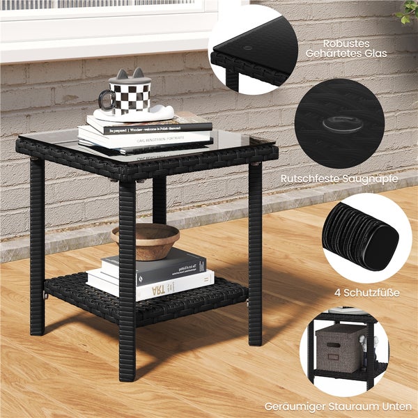 Schwarzer Beistelltisch mit gehärteter Glasplatte und zusätzlichem Stauraum
