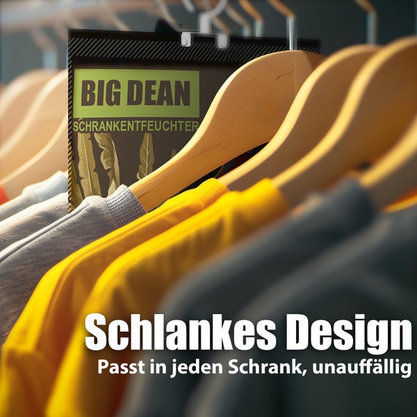 Big Dean Schrankentfeuchter hängend an einem Kleiderbügel zwischen Kleidungsstücken im Kleiderschrank zur Feuchtigkeitsregulierung.