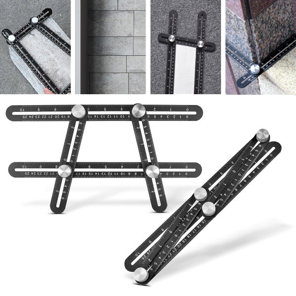 Mehrwinkel-Messlineal aus schwarzem Metall mit silbernen Feststellschrauben zur präzisen Abnahme von Winkeln bei Fliesen und Mauerwerk.