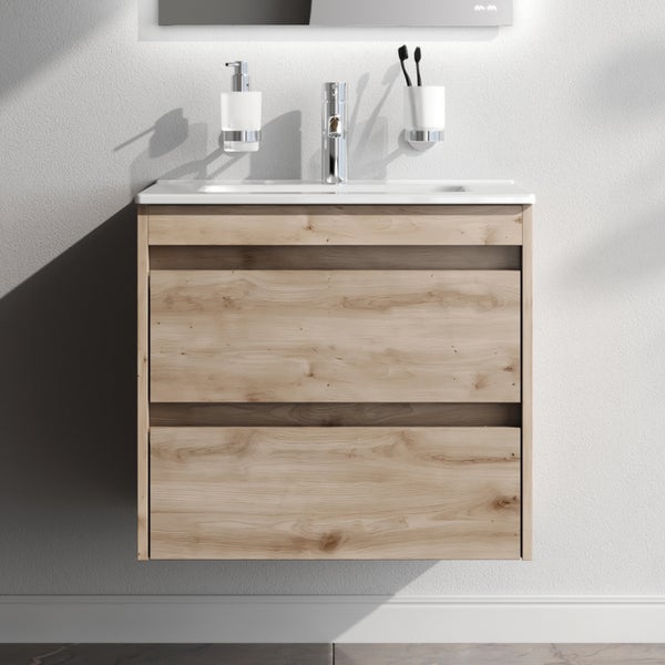 Waschtischunterschrank mit zwei Schubladen, Waschtisch, Armatur, Seifenspender und Zahnputzbecher