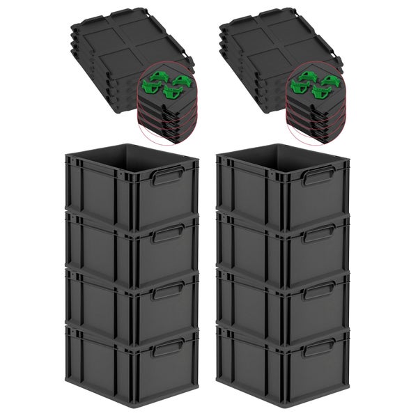 PROREGAL SuperSparSet 8x Eurobox NextGen Grip mit Auflagedeckel inkl. 4 grünen Schiebeschnappverschlüssen, HxBxT 22x30x40cm, 20 Liter, Schwarz, Griffe geschlossen, Eurobehälter, Transportbox, Transportbehälter, Stapelbehälter