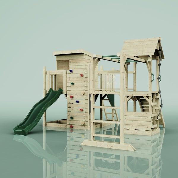 Spielturm aus Holz mit Rutsche, Kletterwand und Schaukel
