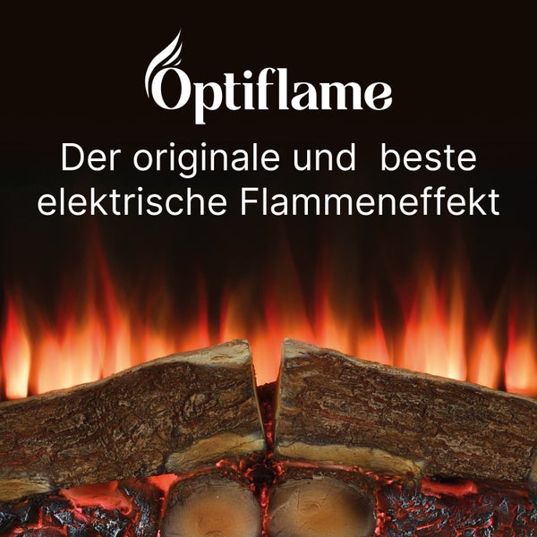 Optiflame Logo mit elektrischem Flammeneffekt, Holzscheiten und Text Der originale und beste elektrische Flammeneffekt.