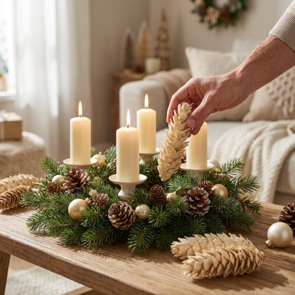 Wohnzimmer mit gemusterter Tapete, Sofa und Sesseln
