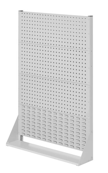 Freistehende Werkzeugwand aus Metall mit drei Lochplatten und einer Schlitzplatte zur Organisation in der Werkstatt.