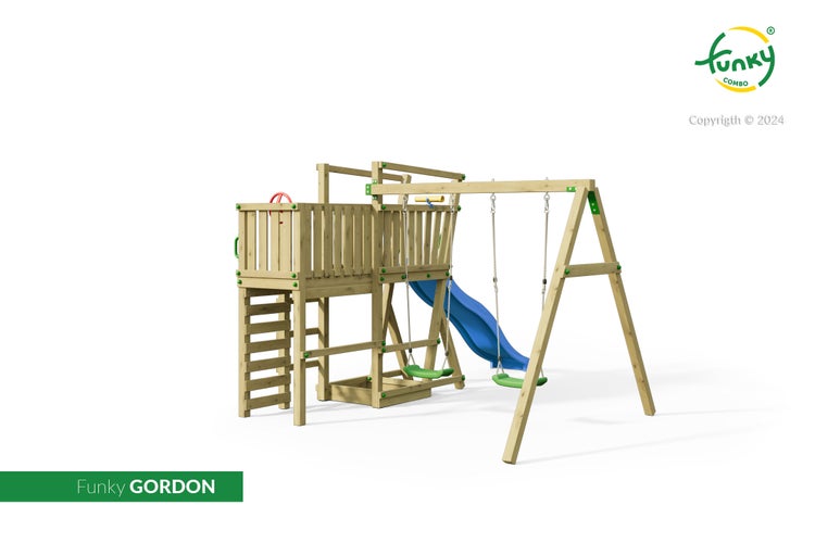 Kinderspielturm aus Holz mit blauer Wellenrutsche, grüner Doppelschaukel, Leiter und Sandkasten. Modell Funky GORDON von Funky COMBO.