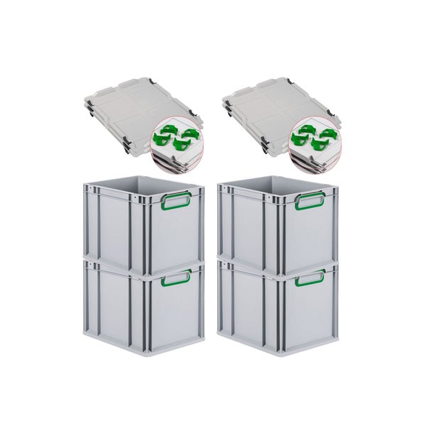 PROREGAL Spar Set 4x Eurobox Nextgen Color Mit Auflagedeckel & Schiebeschnappverschlüsse HxBxT 32 x 30 x 40 cm Griffe Grün Geschlossen Glatter Boden