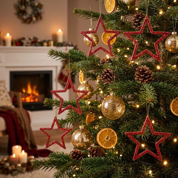 Weihnachtsbaum geschmückt mit roten Sternen, glänzenden Kugeln, getrockneten Orangenscheiben und Tannenzapfen vor einem Kamin.