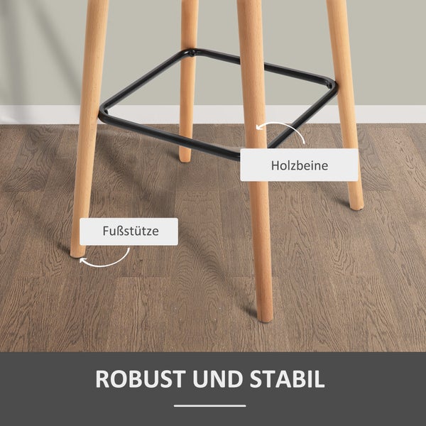 HOMCOM Barhocker 2er Set, Barstuhl mit Sitzkissen, Holzbeine, Rückenlehne und Armlehnen, Küchenstühle mit Fußstütze aus Holz, Tresenhocker für Küche, Wohnzimmer, Esszimmer, Leinenoptik, Beige