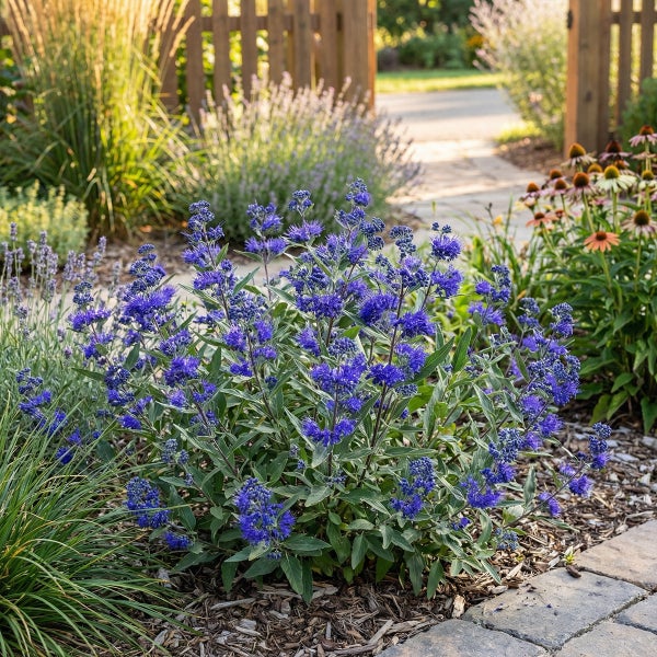 Bartblume Caryopteris clandonensis in einem sonnigen Gartenbeet mit Rindenmulch, Lavendel und Sonnenhut im Hintergrund.