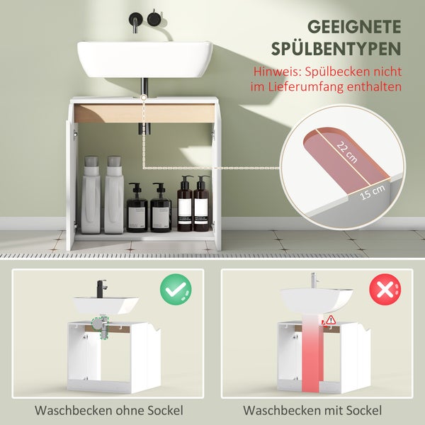 Weißer Waschbeckenunterschrank mit Darstellung der Kompatibilität. Geeignet für wandhängende Waschbecken, ungeeignet für Standwaschbecken mit Sockel.