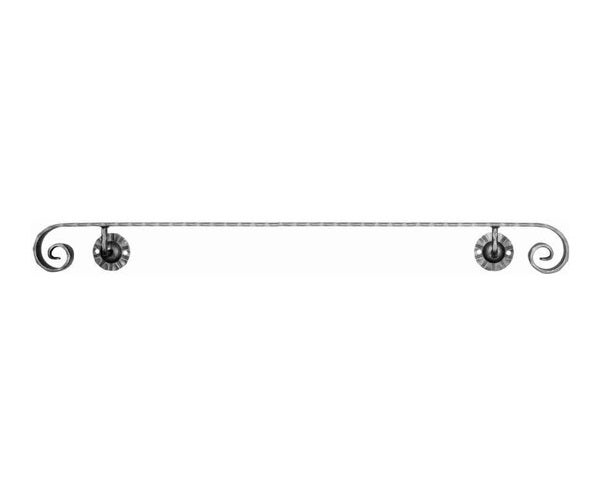 Geschmiedeter Handtuchhalter aus Metall mit dekorativen geschwungenen Enden und Wandbefestigungen.