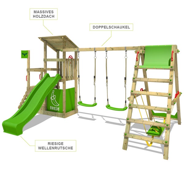 FATMOOSE Spielturm Klettergerüst FruityForest mit Schaukel Surfswing und Rutsche, Kletterturm mit Sandkasten, Leiter und Spiel-Zubehör - apfelgrün