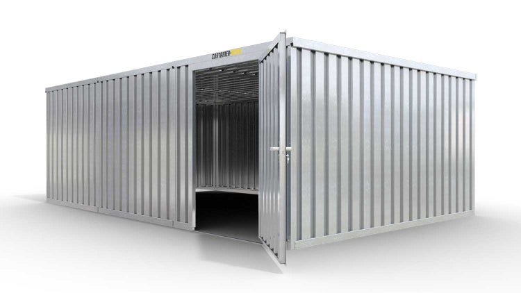Lagercontainer Gerätehaus L3  – 25 qm, H2115 x B4050 x T6520 mm, verzinkt, ohne Fußboden, 1270 mm Einflügeltür mittig in Modul D, zerlegt