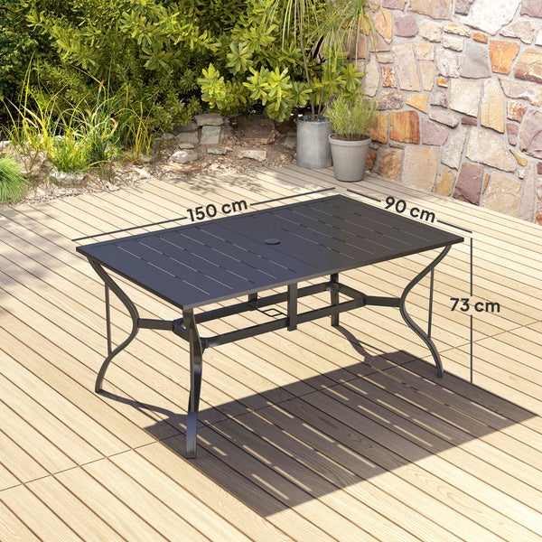 Outsunny Gartentisch Stahl 150x90 cm Wetterfest Balkontisch mit Schirmloch, Lamellen-Design Buffettisch Campingtisch für 6 Personen Terrassentisch Outdoor Esstisch für Garten, Terrasse Balkon Schwarz