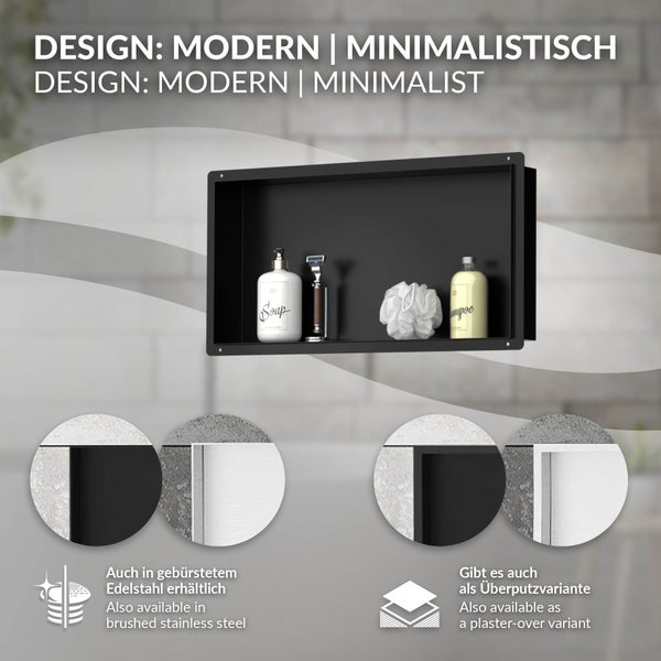 Moderne Wandnische für das Badezimmer im minimalistischen Design, dargestellt mit Badutensilien, erhältlich in Edelstahl oder als Überputzvariante.