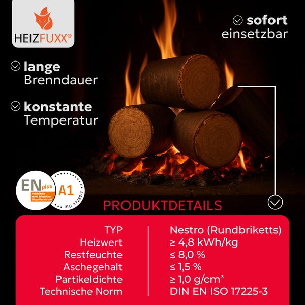 Heizfuxx Nestro Holzbriketts mit ENplus A1 Zertifizierung und technischen Produktdaten wie Heizwert und Restfeuchte in brennendem Kamin.