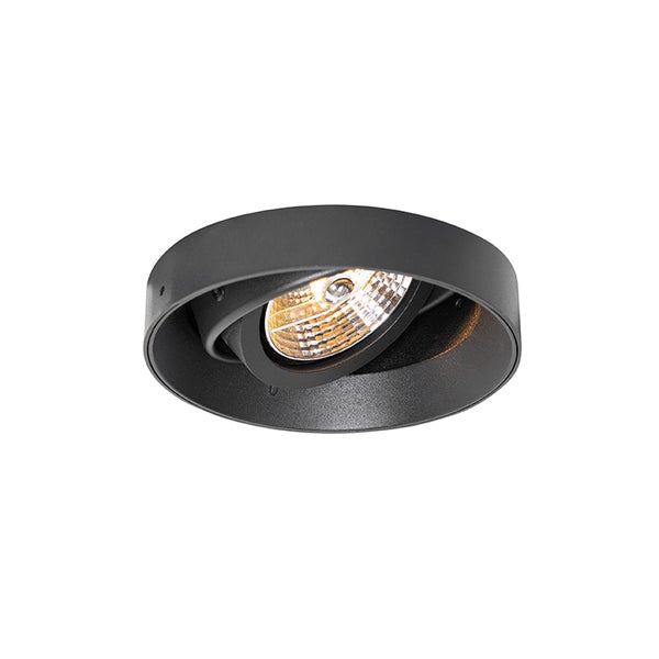Schwarzer runder Deckenstrahler mit schwenkbarem Leuchtmittel und GU10 Fassung.