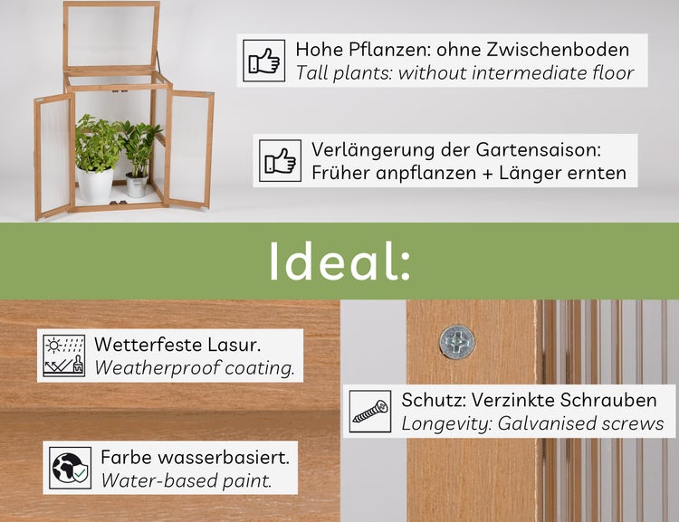 needs&wants® Mini Gewächshaus Treibhaus klein winterfest aus Holz für Balkon Garten Indoor, Frühbeet Hochbeet Pflanzschrank Anzuchthaus, Polycarbonat