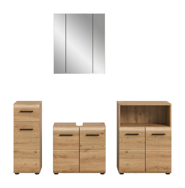 Badezimmermöbel-Set in Eichenoptik mit Spiegelschrank, Hochschrank, Waschbeckenunterschrank und Sideboard mit schwarzen Griffen.