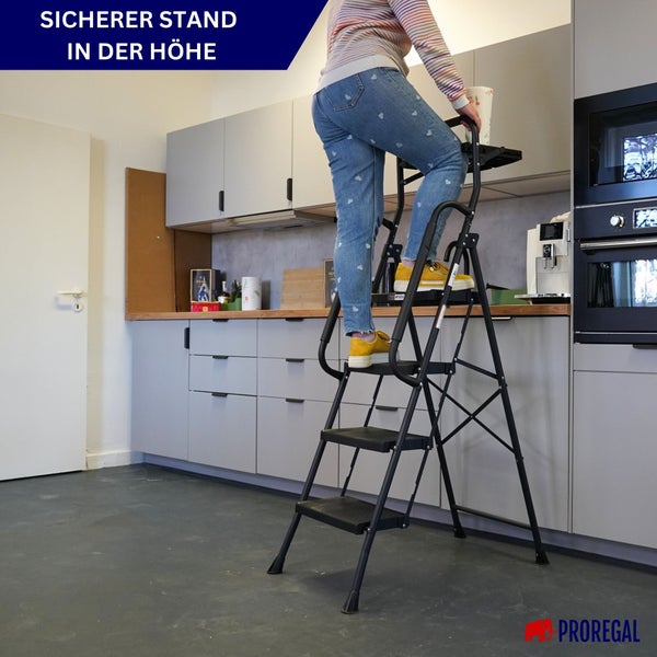 Eine Person steht auf einer Proregal Trittleiter in einer Küche.