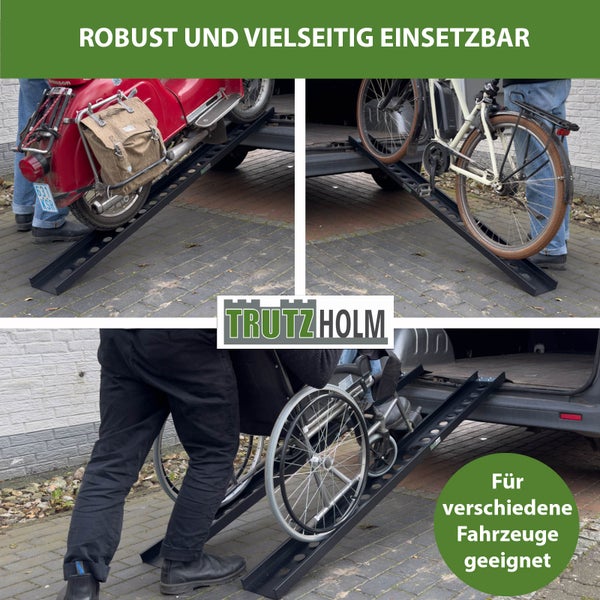 Mehrfachansicht einer Rampe im Einsatz mit Motorrad, Fahrrad und Rollstuhl