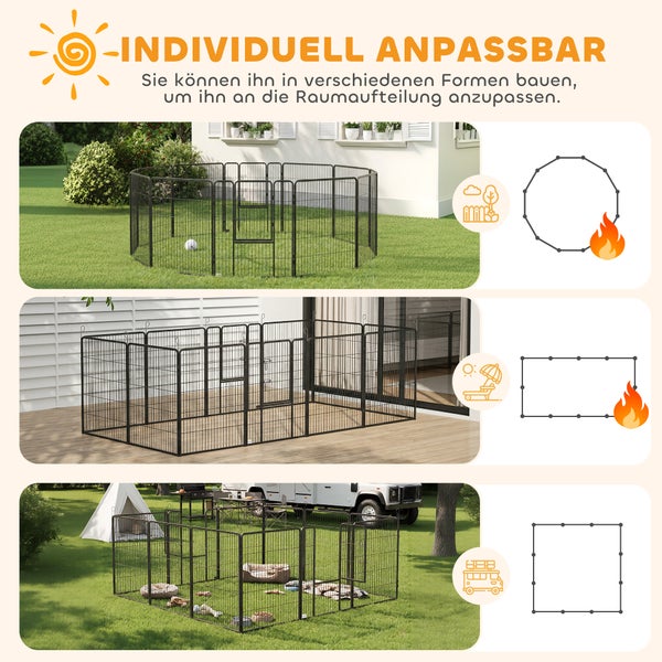 Modulares Haustiergehege aus Metall in drei Formen: kreisförmig im Garten, rechteckig auf der Terrasse und quadratisch beim Camping.