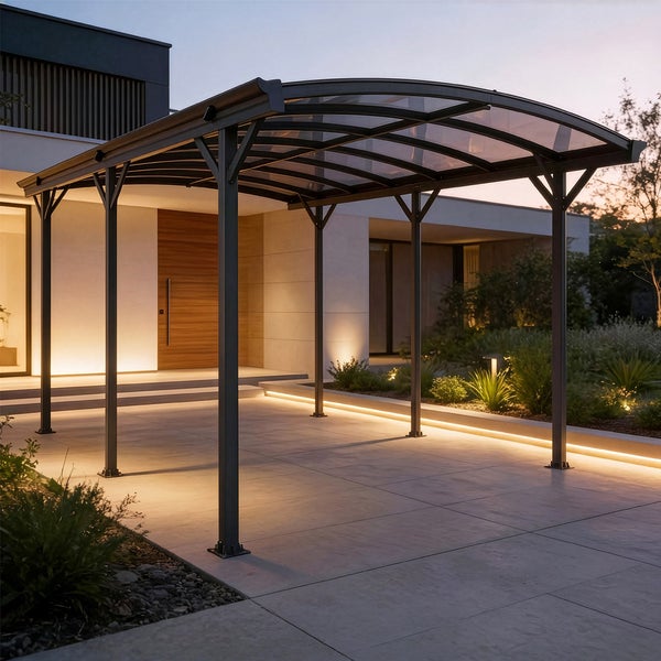 Modernes Carport mit grauem Aluminiumgestell und gebogenem Polycarbonat-Dach vor einem hell beleuchteten Wohnhaus auf einer gepflasterten Einfahrt.