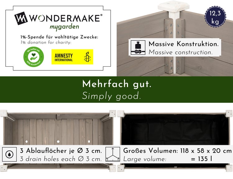 Wondermaker Mygarden Hochbeet Details: 1 Prozent Spende für wohltätige Zwecke, Amnesty International Logo, SOS Kinderdorf Logo, massive Konstruktion, Gewicht 12,3 Kilogramm, drei Ablauflöcher mit je drei Zentimeter Durchmesser, großes Volumen 118 x 58 x 20 Zentimeter gleich 135 Liter