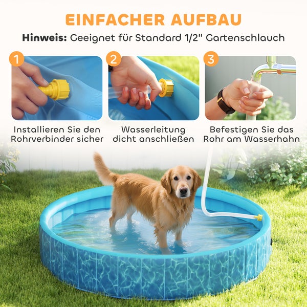 Anleitung zum Aufbau eines Hundepools mit Schlauchanschluss für einen ein halb Zoll Gartenschlauch und ein Golden Retriever im blauen Pool.