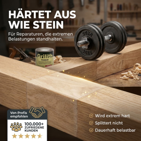 Holzkitt für Holzreparaturen, von Profis empfohlen, demonstriert durch eine schwere Hantel auf einem Holzbalken in einer Werkstatt.