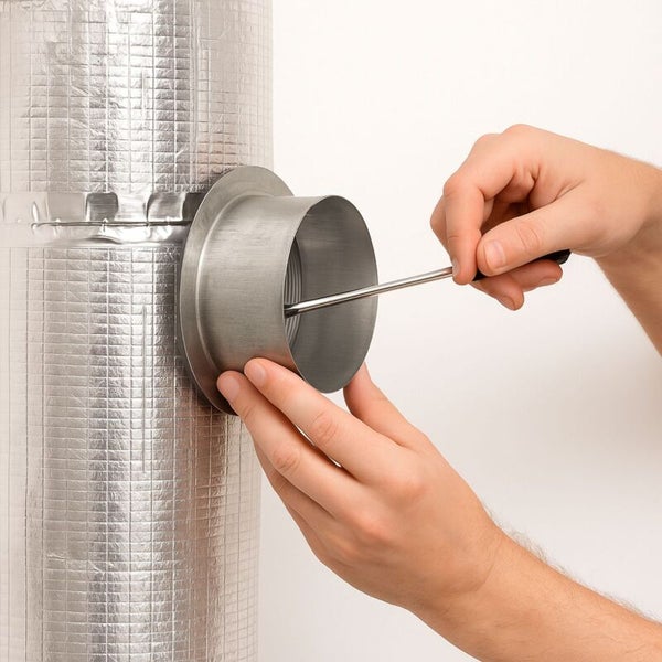 Hände befestigen mit einem Schraubendreher einen runden Rohranschluss an einem mit Aluminium isolierten Lüftungsrohr.
