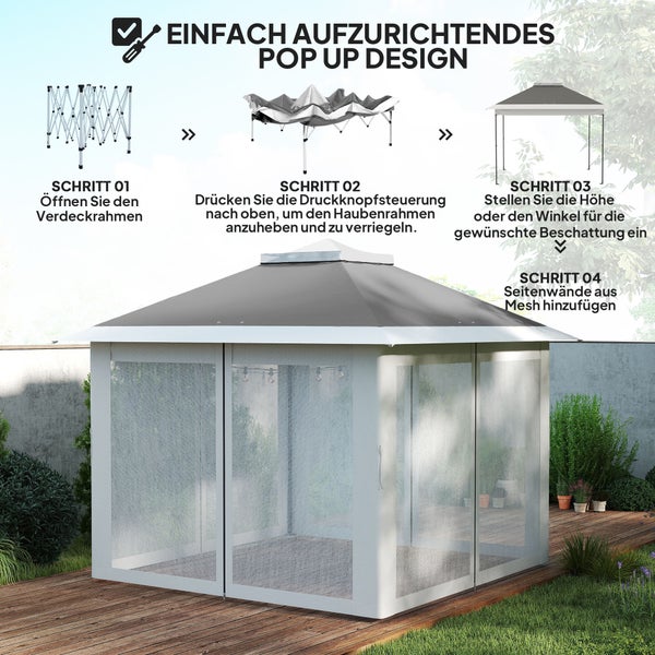 Infografik zum Aufbau eines Pop-up-Pavillons mit Moskitonetz in vier Schritten auf einer Holzterrasse.