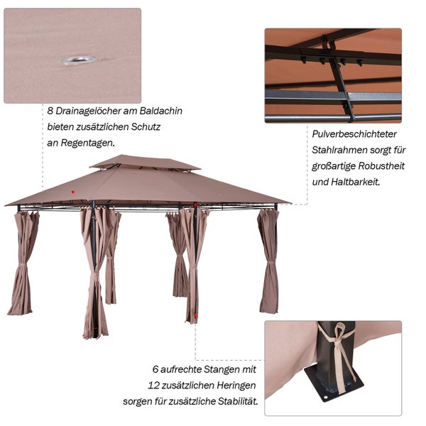 Outsunny Pavillon, 3 × 4m Gartenpavillon, Stahl, Polyester-Gewebe, Khaki, 300L x 400B x 280H cm