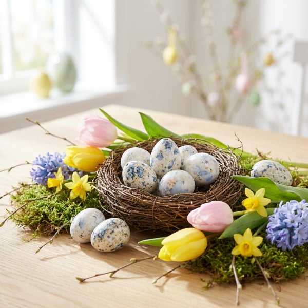 Ostergesteck mit gefleckten Eiern in einem Weidenkranz arrangiert mit frischen Frühlingsblumen und Moos auf einem Holztisch